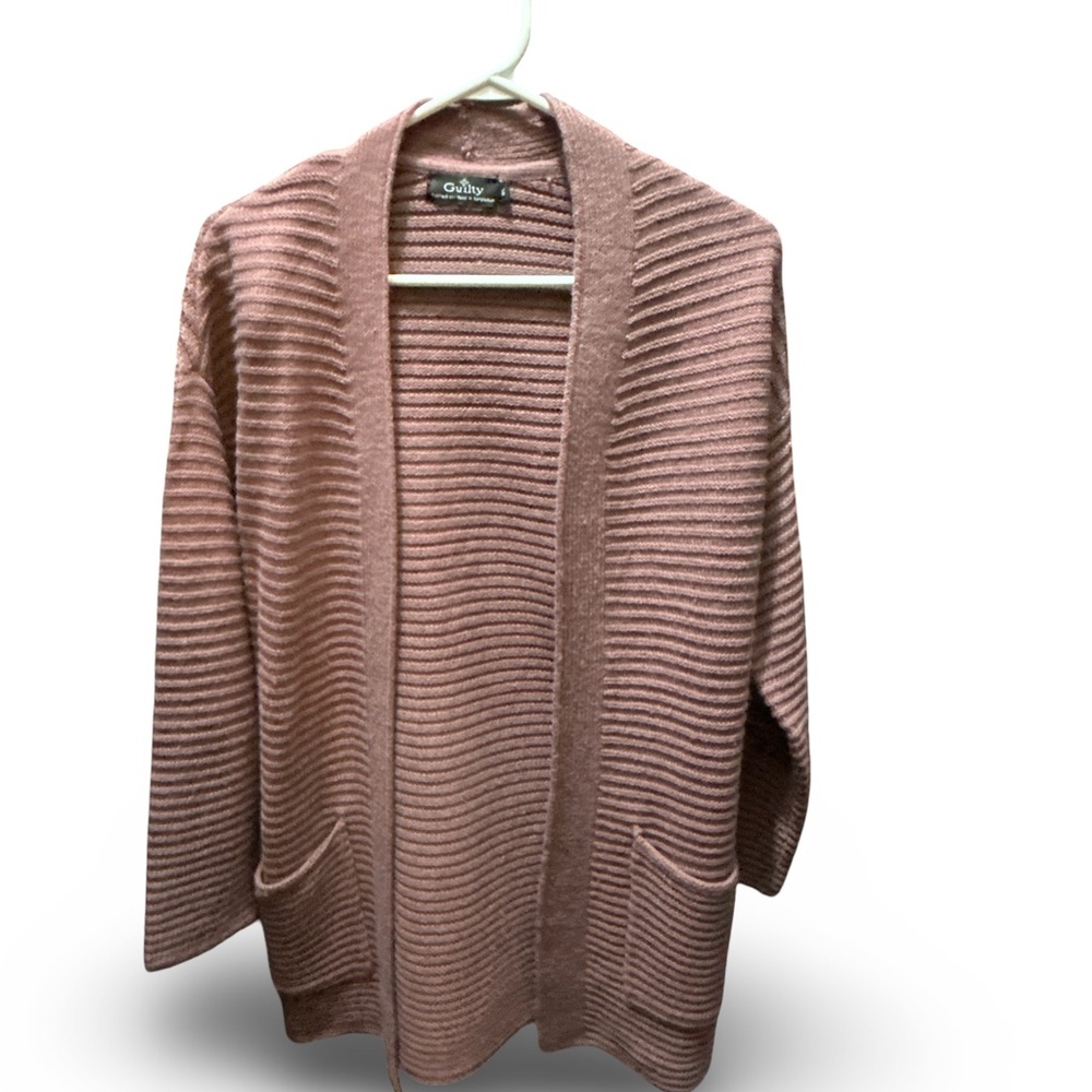 Pink Long Cardigan Sweater with Ribbed Texture